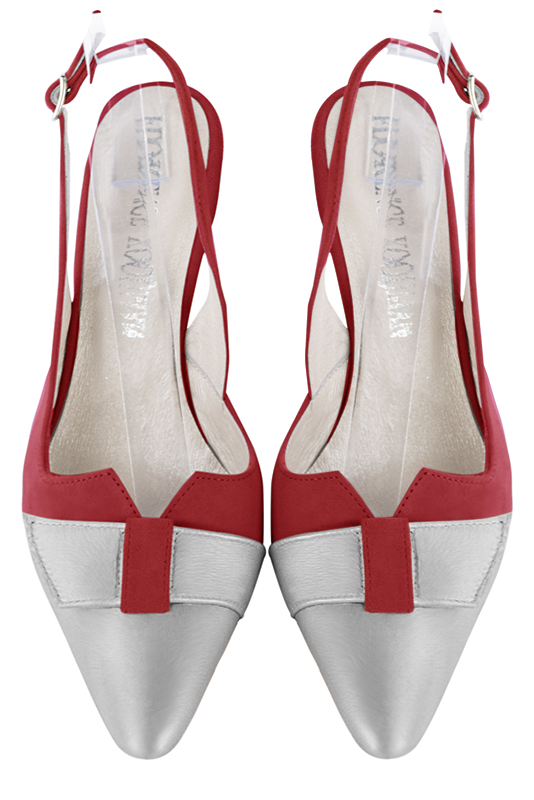 Light silver and scarlet red women's open back shoes, with a knot. Tapered toe. High slim heel. Top view - Florence KOOIJMAN